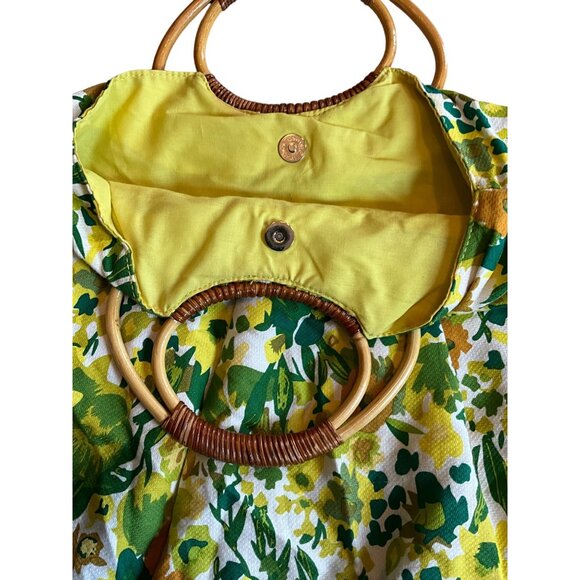 Vintage Floral Print Round Bamboo Handle Bag With Yellow Lining & Magnetic‎ Snap - Picture 3 of 6